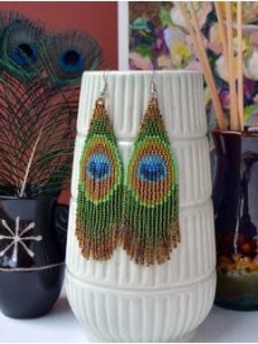 Peacock Feather Beaded Fringe Earrings